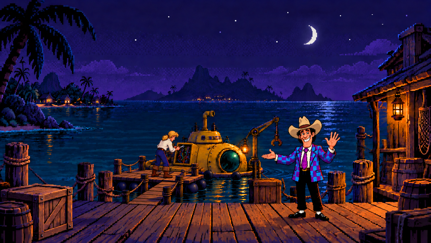 A moonlit pixel-art dock. A short gangway connects the dock to a floating work pontoon beside the yellow submarine. Andrea stands on the pontoon with both boots on its deck, working on the open panel at arm's reach. Stan faces you, smiling and waving in his large cowboy hat and checked jacket.